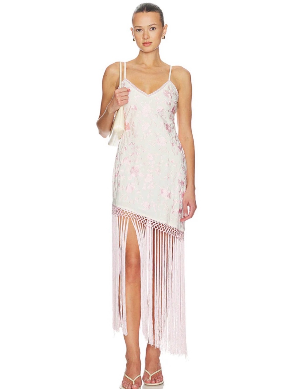 LoveShackFancy Ivory and Blush Fringe Slip Dress